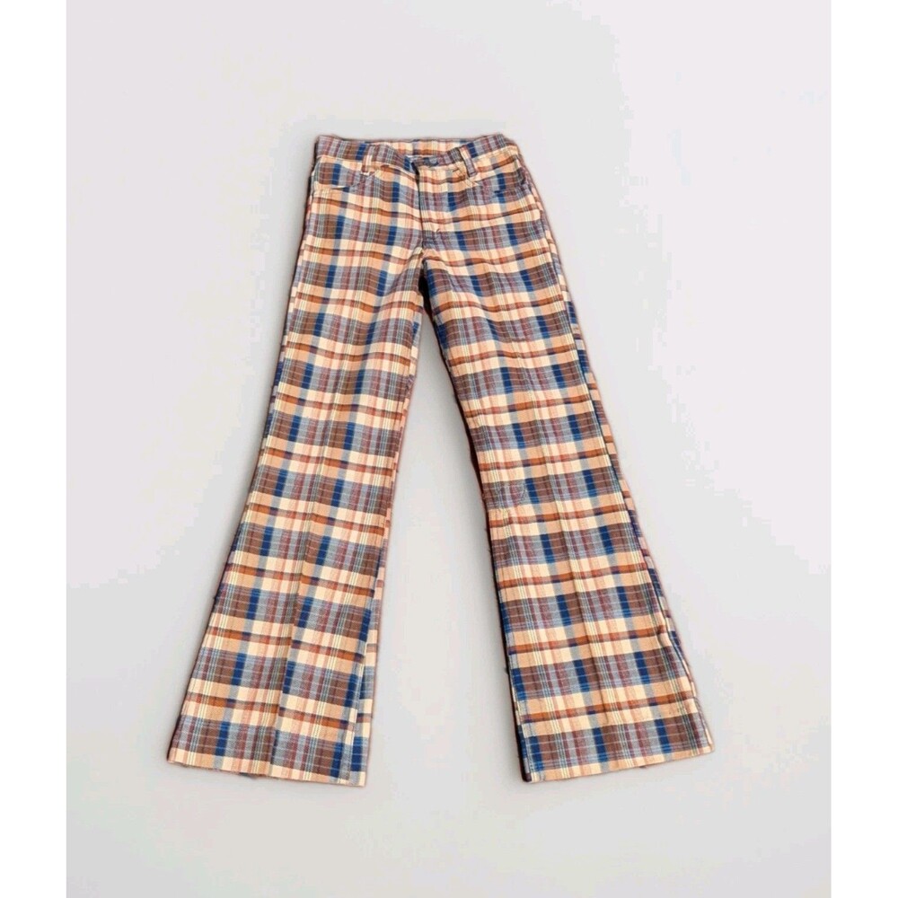 Vintage 70s Levis Plaid Flare Bell Bottoms Big Capital E 27" Waist 1970s